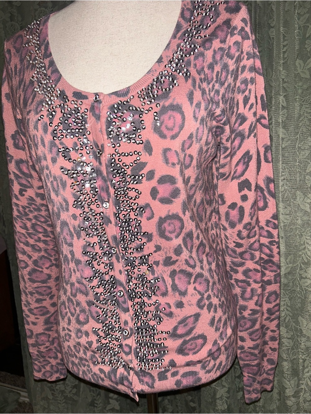 Mauve Pink Leopard Print Cardigan with Studded Beaded and Sequin Details